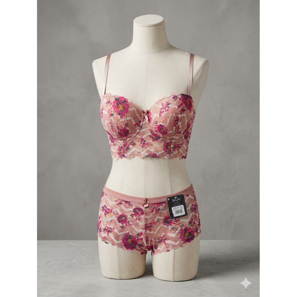 New Women pink Bra Underwear Set Underwire Bra Set Lingerie 34 C